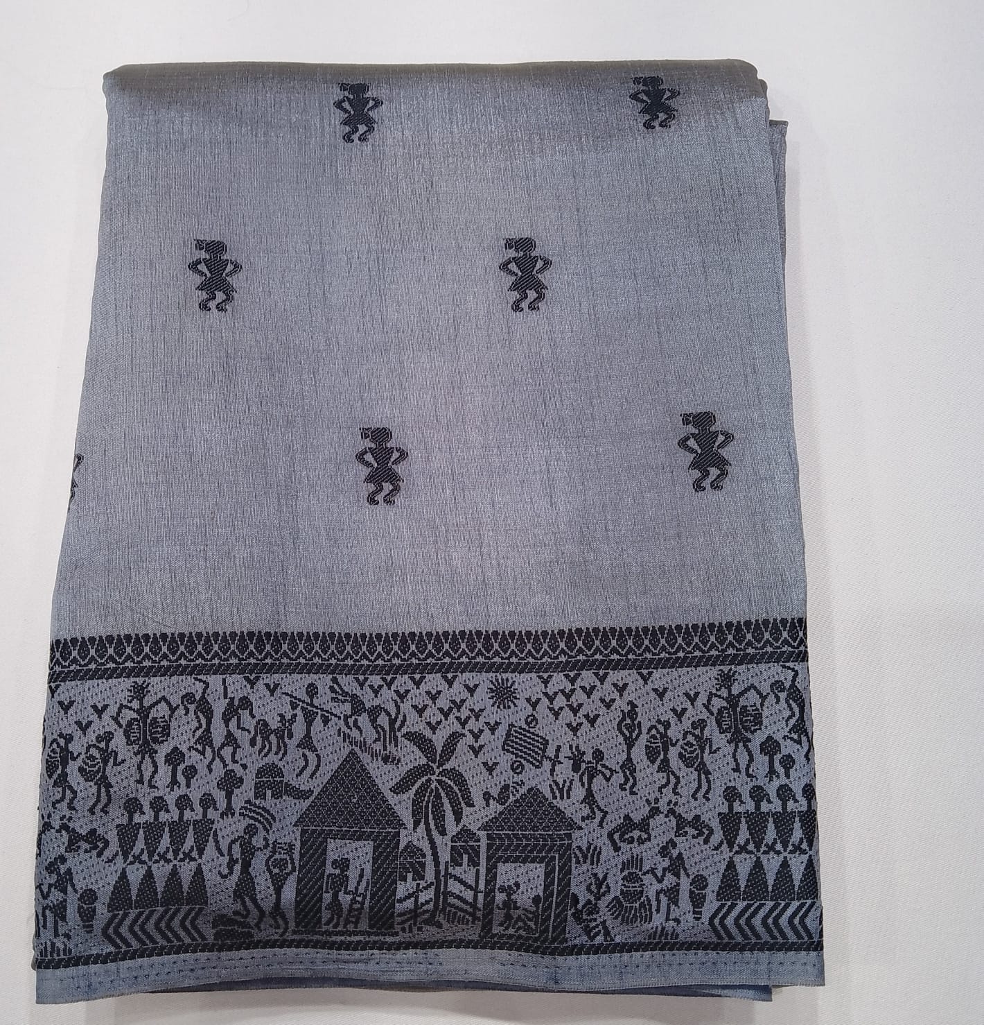 Tussar Semi Silk - Silver Grey Tussar Semi Silk Saree with Charcoal Tribal Art Border