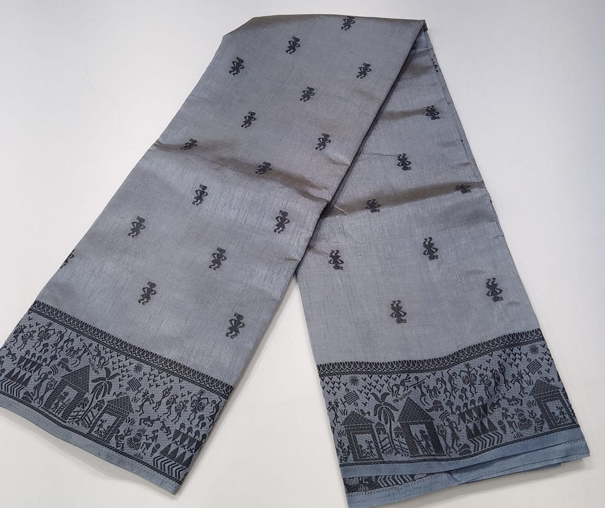 Tussar Semi Silk - Silver Grey Tussar Semi Silk Saree with Charcoal Tribal Art Border