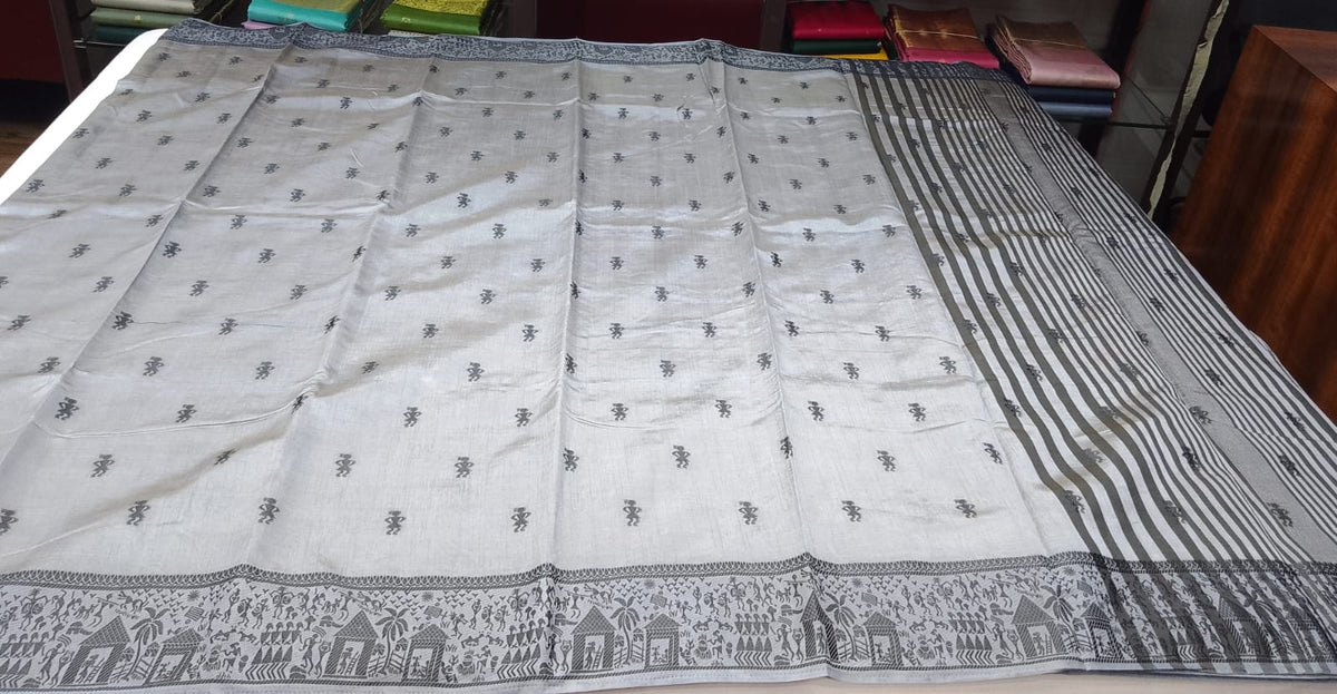 Tussar Semi Silk - Silver Grey Tussar Semi Silk Saree with Charcoal Tribal Art Border