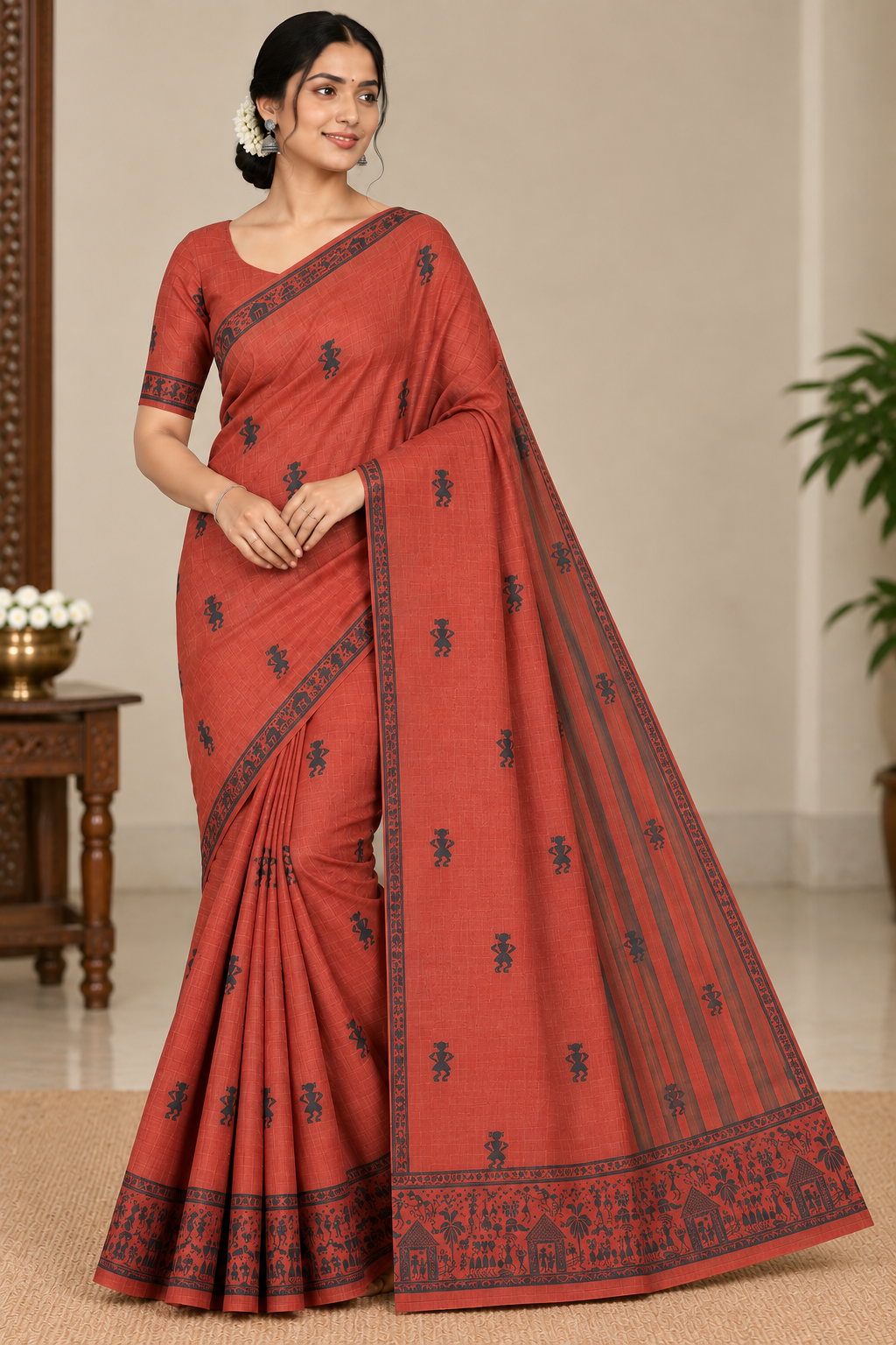 Tussar Semi Silk - Terracotta Red Tussar Semi Silk Saree with Tribal Art Border