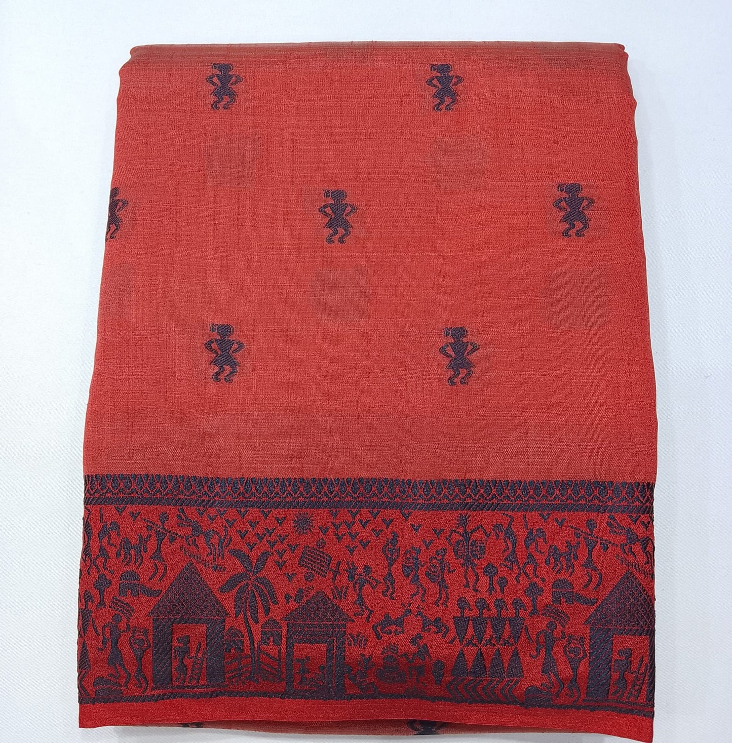Tussar Semi Silk - Terracotta Red Tussar Semi Silk Saree with Tribal Art Border