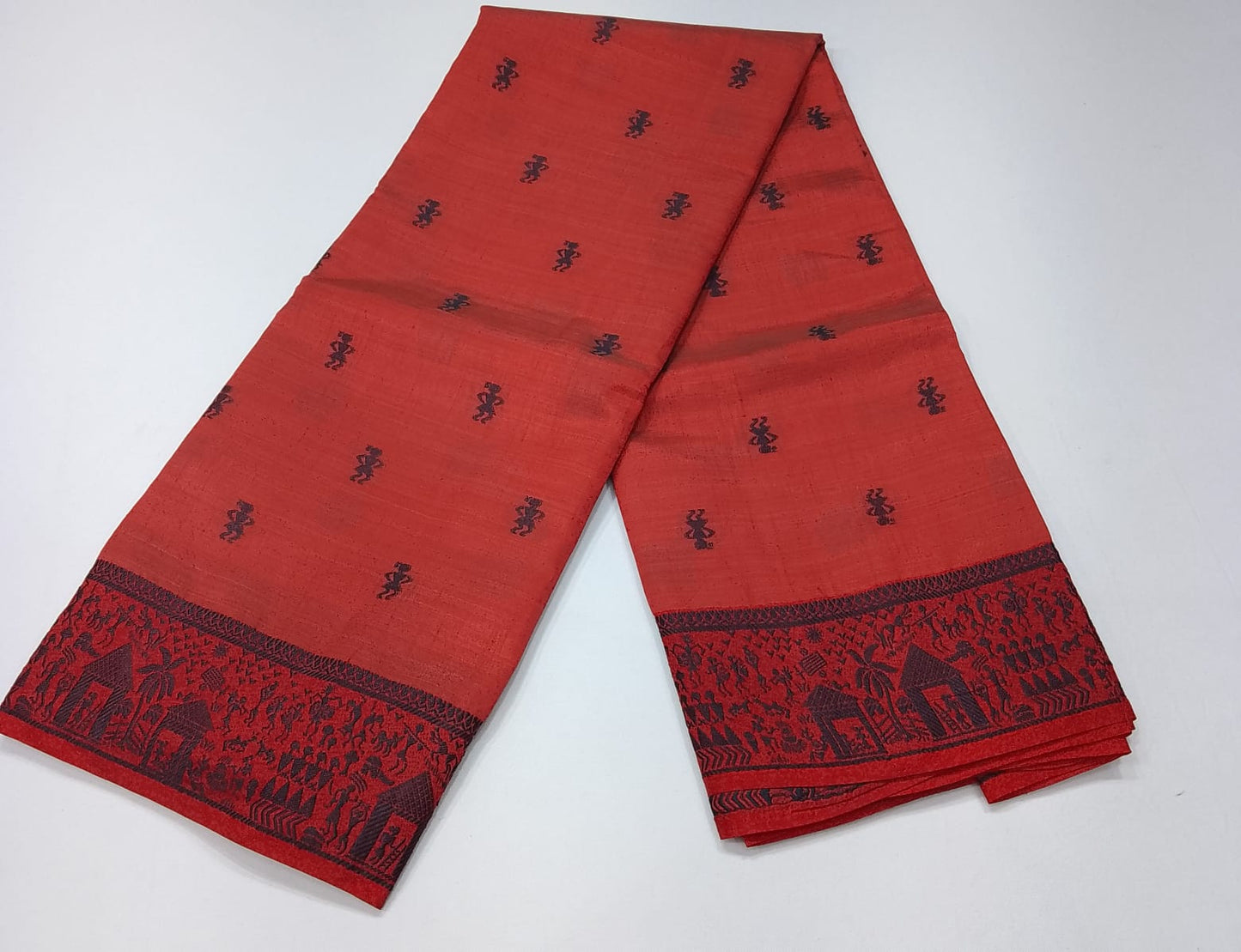 Tussar Semi Silk - Terracotta Red Tussar Semi Silk Saree with Tribal Art Border
