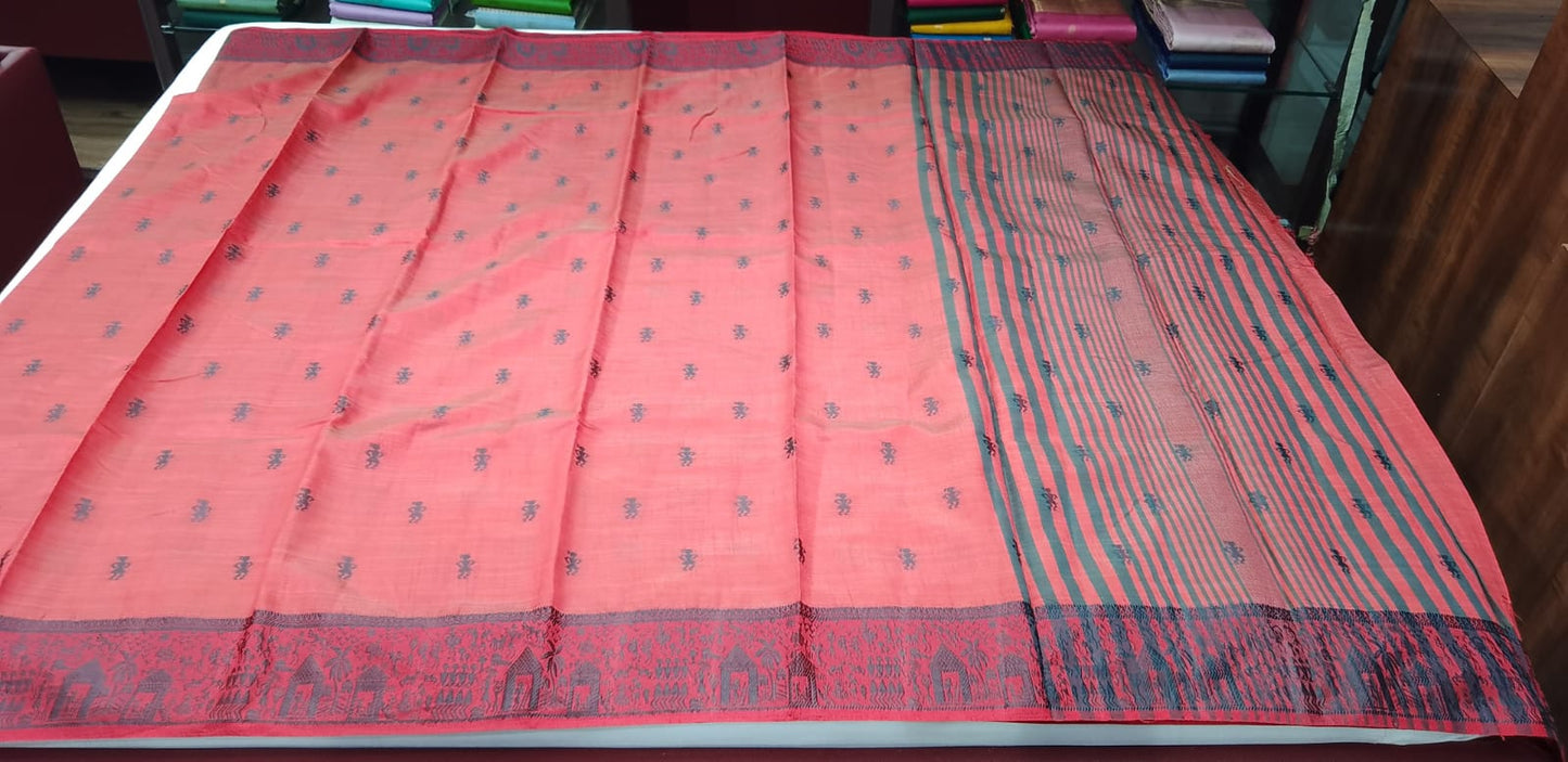 Tussar Semi Silk - Terracotta Red Tussar Semi Silk Saree with Tribal Art Border