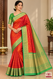 Pure Kanjivaram Silk Saree – Dual-Shade Coral Red & Orange-Red with Parrot Green  Korvai Zari Border