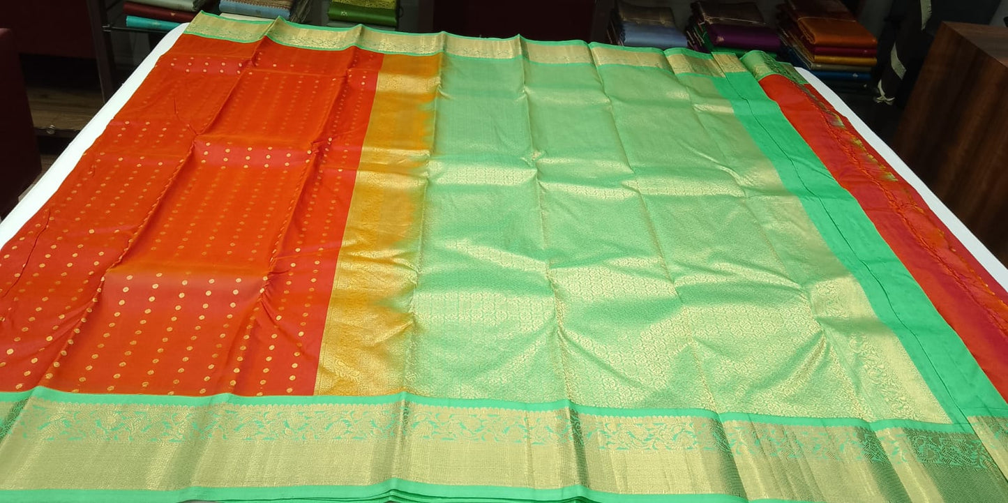 Pure Kanjivaram Silk Saree – Dual-Shade Coral Red & Orange-Red with Parrot Green  Korvai Zari Border