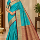 Pure Kanjivaram Handloom Silk Saree in Turquoise Blue with Maroon Pallu and Antique Gold Zari