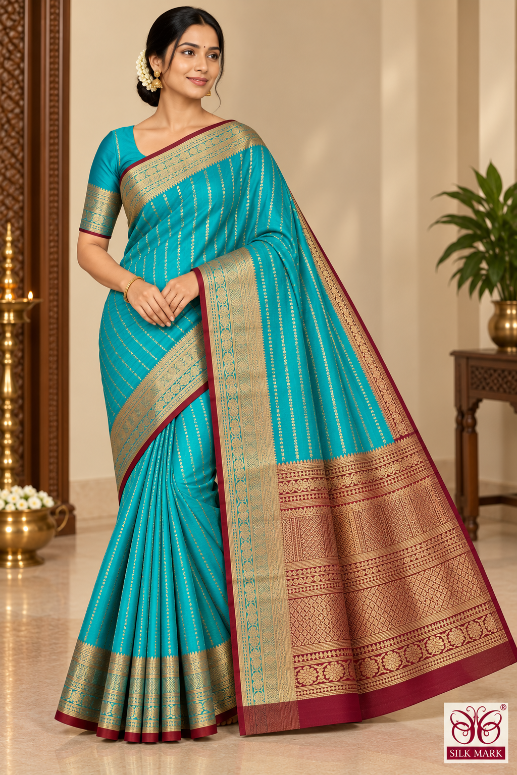 Pure Kanjivaram Handloom Silk Saree in Turquoise Blue with Maroon Pallu and Antique Gold Zari