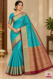 Pure Kanjivaram Handloom Silk Saree in Turquoise Blue with Maroon Pallu and Antique Gold Zari