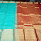Pure Kanjivaram Handloom Silk Saree in Turquoise Blue with Maroon Pallu and Antique Gold Zari