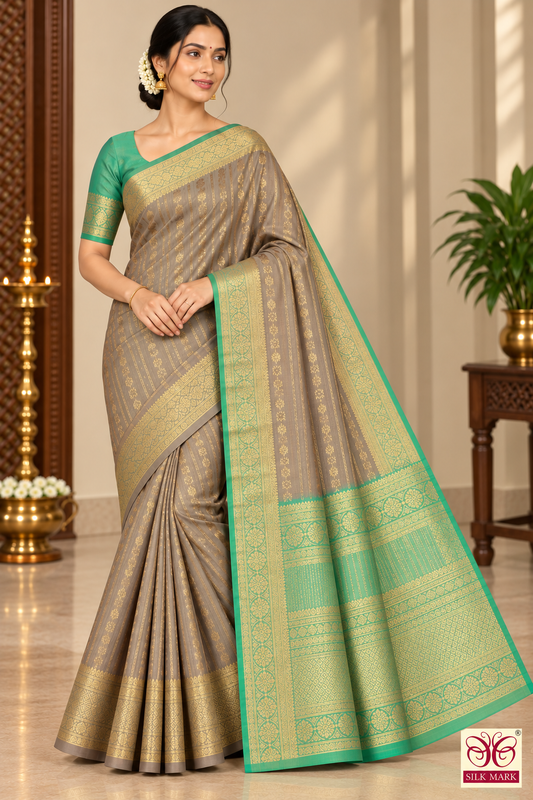 Pure Kanjivaram Handloom Silk Saree in Taupe Grey with Mint Green & Antique Gold Zari
