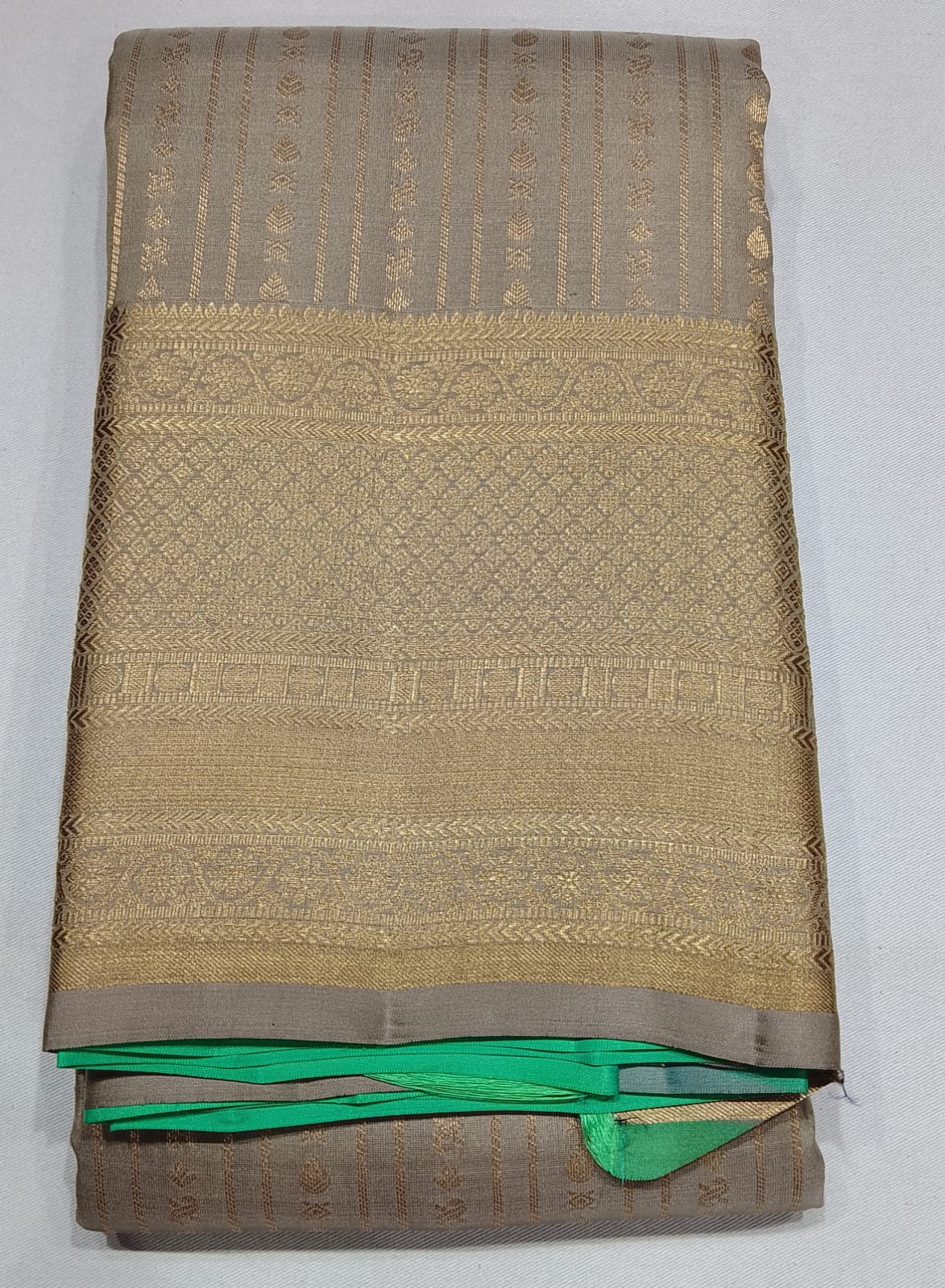 Pure Kanjivaram Handloom Silk Saree in Taupe Grey with Mint Green & Antique Gold Zari