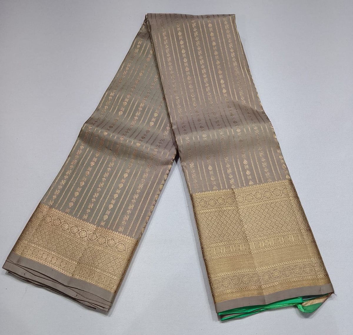 Pure Kanjivaram Handloom Silk Saree in Taupe Grey with Mint Green & Antique Gold Zari
