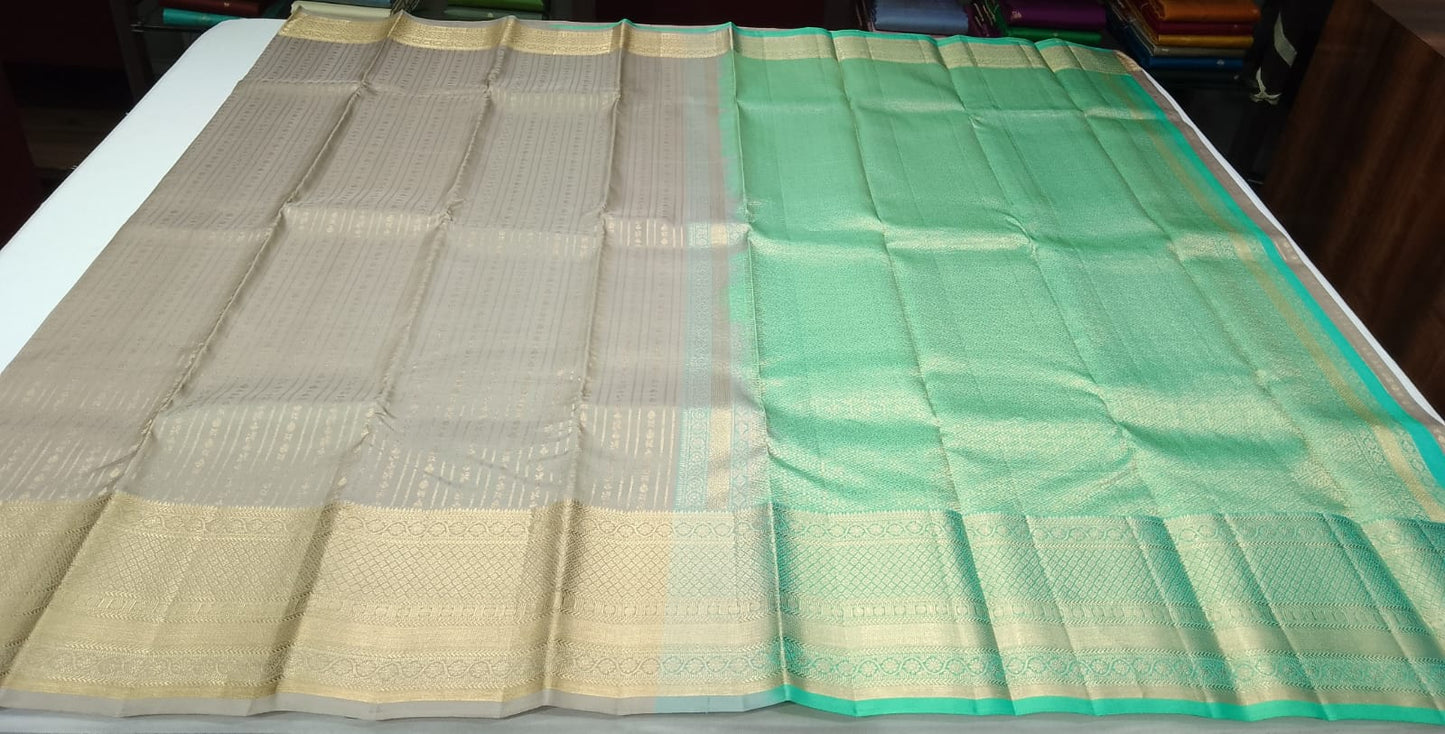 Pure Kanjivaram Handloom Silk Saree in Taupe Grey with Mint Green & Antique Gold Zari