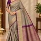 Pure Kanjivaram Handloom Silk Saree in Muted Taupe Grey with Deep Purple Pallu and Antique Gold Zari
