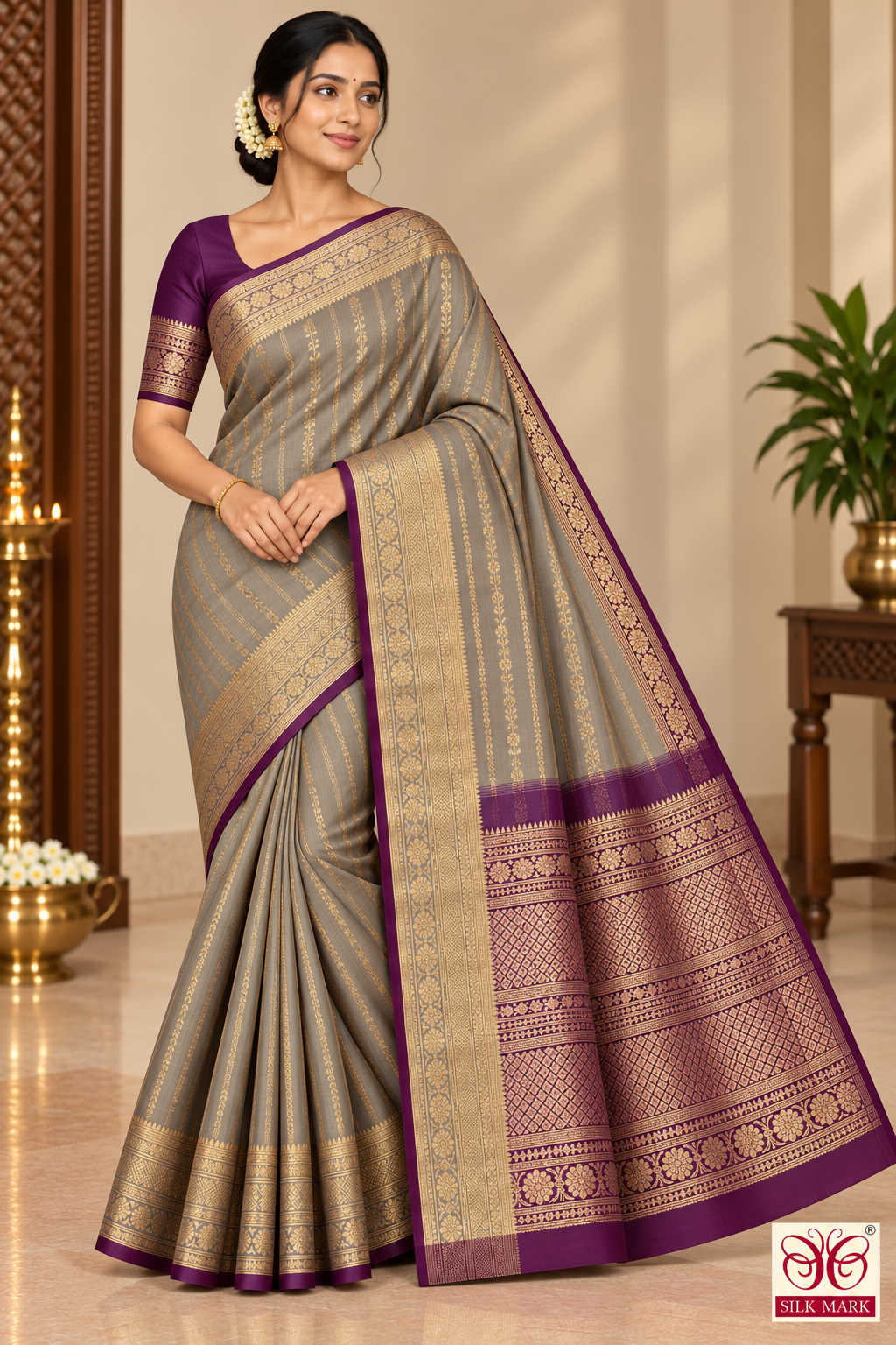 Pure Kanjivaram Handloom Silk Saree in Muted Taupe Grey with Deep Purple Pallu and Antique Gold Zari