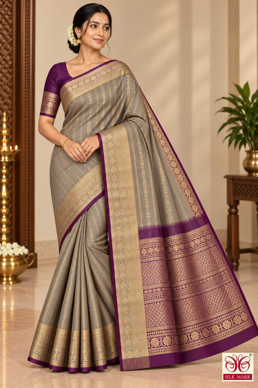 Pure Kanjivaram Handloom Silk Saree in Muted Taupe Grey with Deep Purple Pallu and Antique Gold Zari