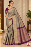 Pure Kanjivaram Handloom Silk Saree in Muted Taupe Grey with Deep Purple Pallu and Antique Gold Zari