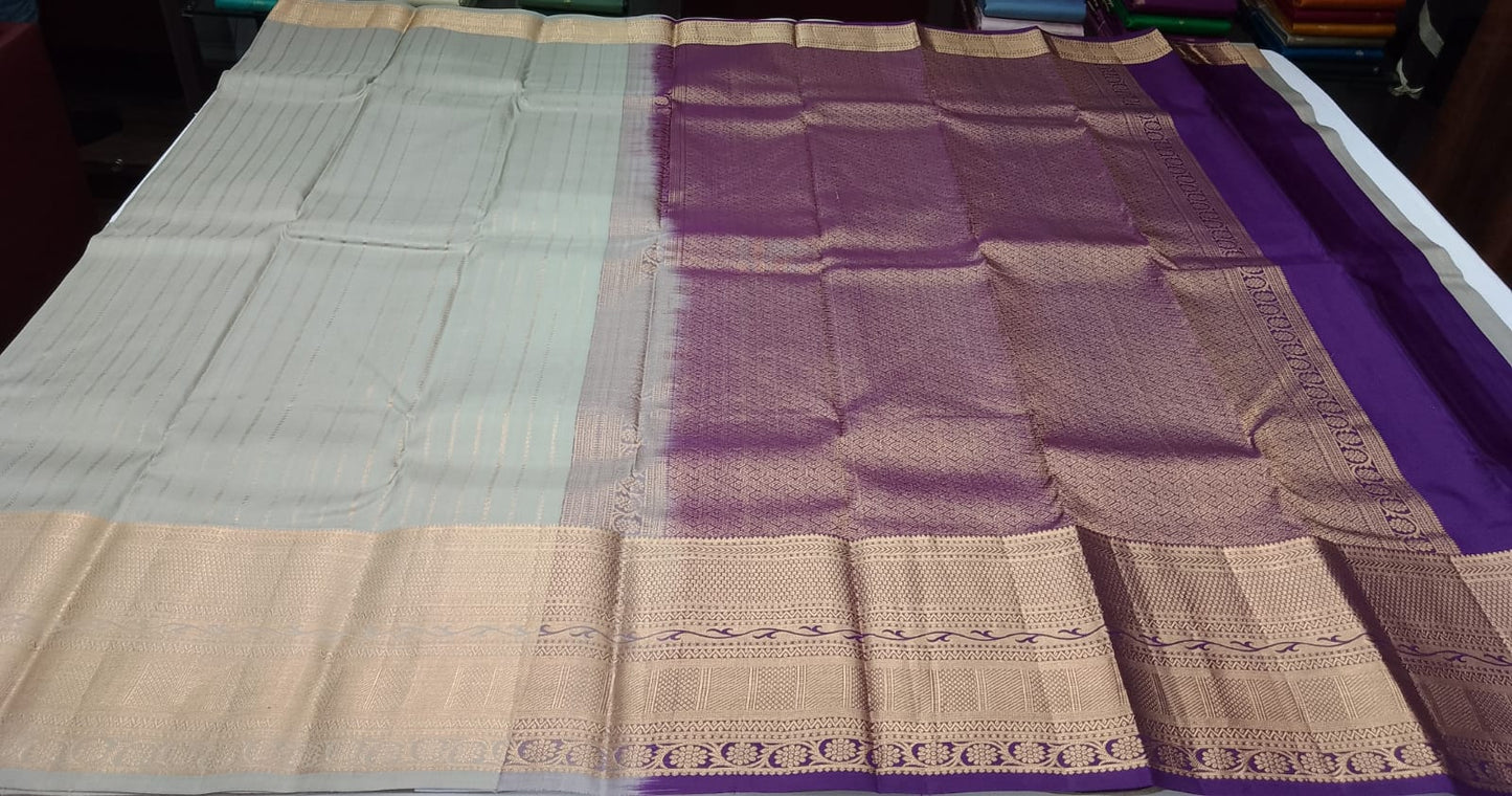Pure Kanjivaram Handloom Silk Saree in Muted Taupe Grey with Deep Purple Pallu and Antique Gold Zari