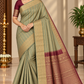 Pure Kanjivaram Handloom Silk Saree in Muted Sage Green with Deep Maroon Pallu and Antique Gold Zari