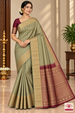 Pure Kanjivaram Handloom Silk Saree in Muted Sage Green with Deep Maroon Pallu and Antique Gold Zari