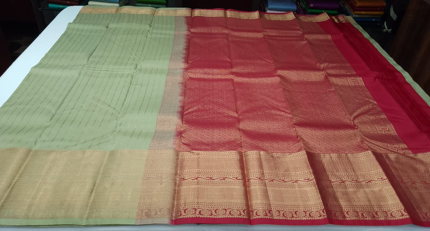 Pure Kanjivaram Handloom Silk Saree in Muted Sage Green with Deep Maroon Pallu and Antique Gold Zari