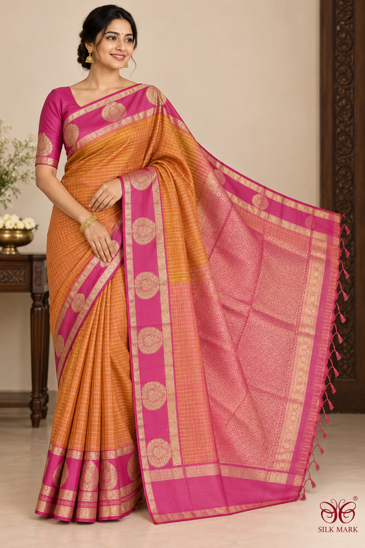 Pure Kanjivaram Handloom Dual-Shade Silk Saree in Copper Rust Orange with Rani Pink Pallu & Antique Gold Zari