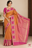 Pure Kanjivaram Handloom Dual-Shade Silk Saree in Copper Rust Orange with Rani Pink Pallu & Antique Gold Zari