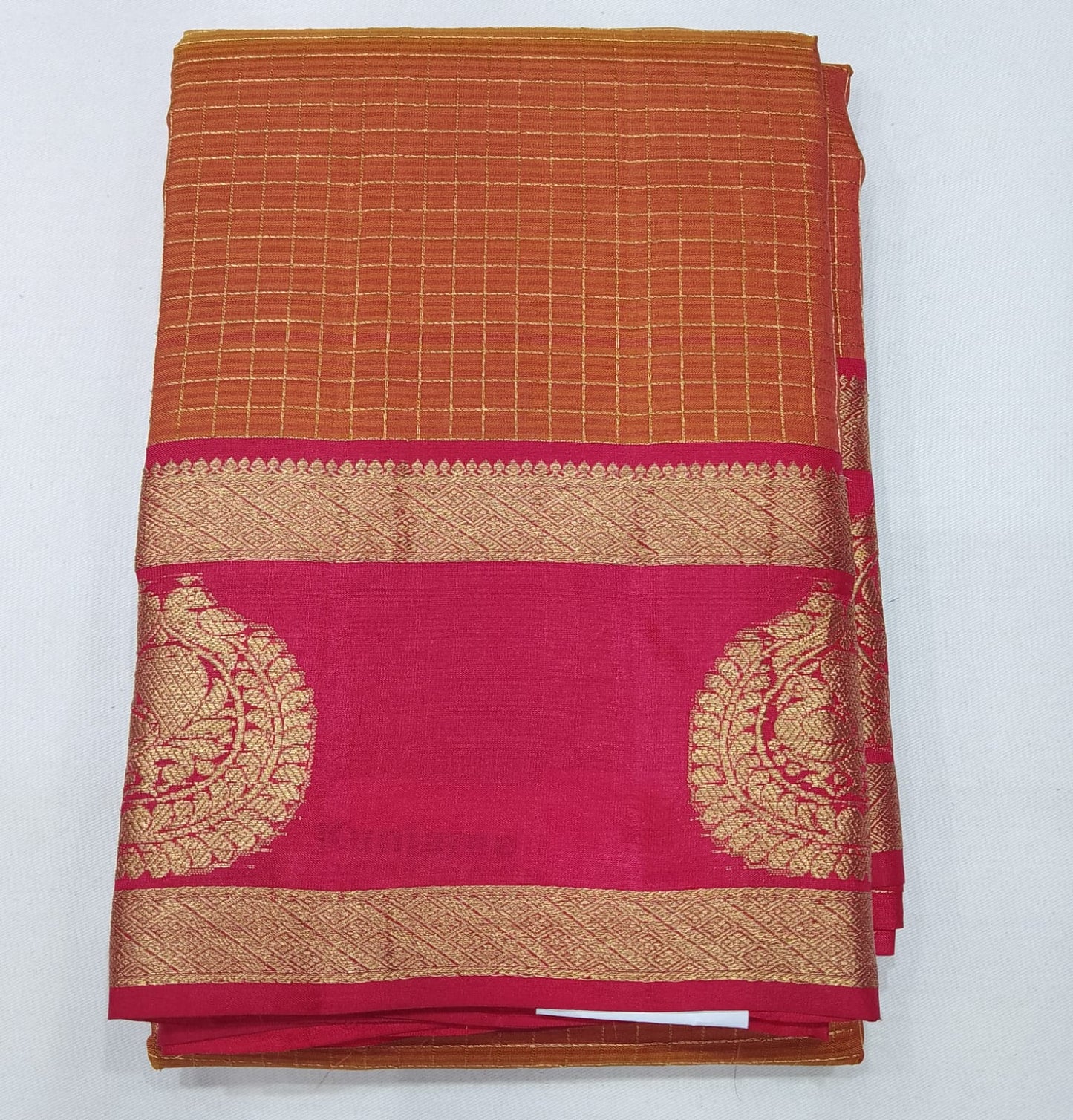 Pure Kanjivaram Handloom Dual-Shade Silk Saree in Copper Rust Orange with Rani Pink Pallu & Antique Gold Zari