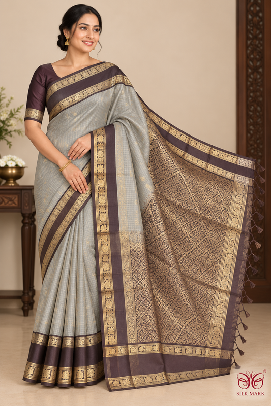 Pure Kanjivaram Handloom Silk Saree in Smoky Grey with Dark Coffee Brown Pallu and Antique Gold Zari