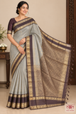 Pure Kanjivaram Handloom Silk Saree in Smoky Grey with Dark Coffee Brown Pallu and Antique Gold Zari