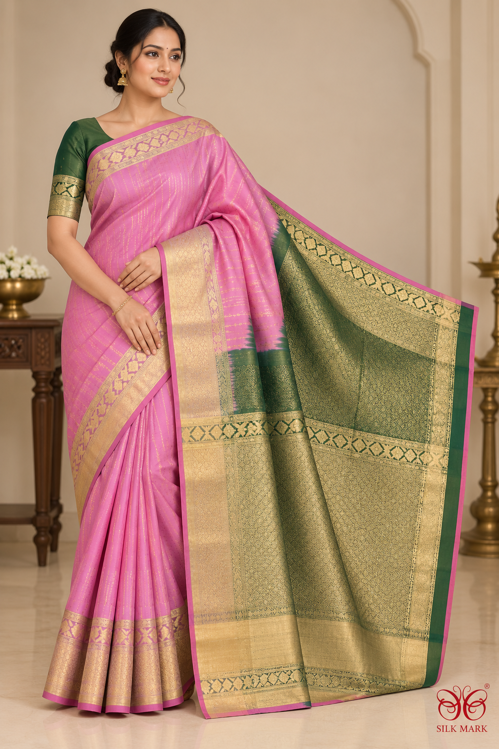 Pure Kanjivaram Handloom Magenta Pink Silk Saree with Antique Gold Zari