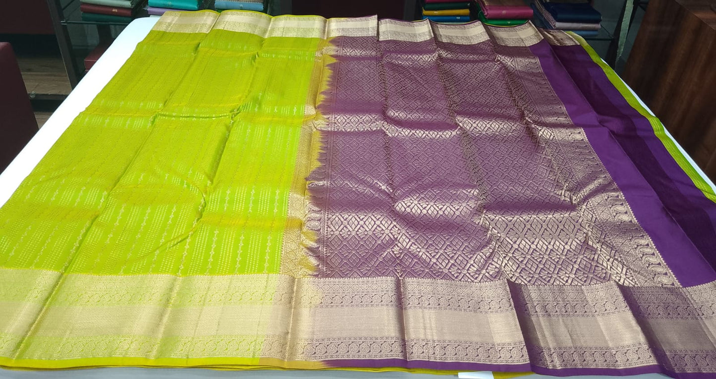 Pure Kanjivaram Handloom Lime Green & Deep Plum Purple Dual-Shade Silk Saree