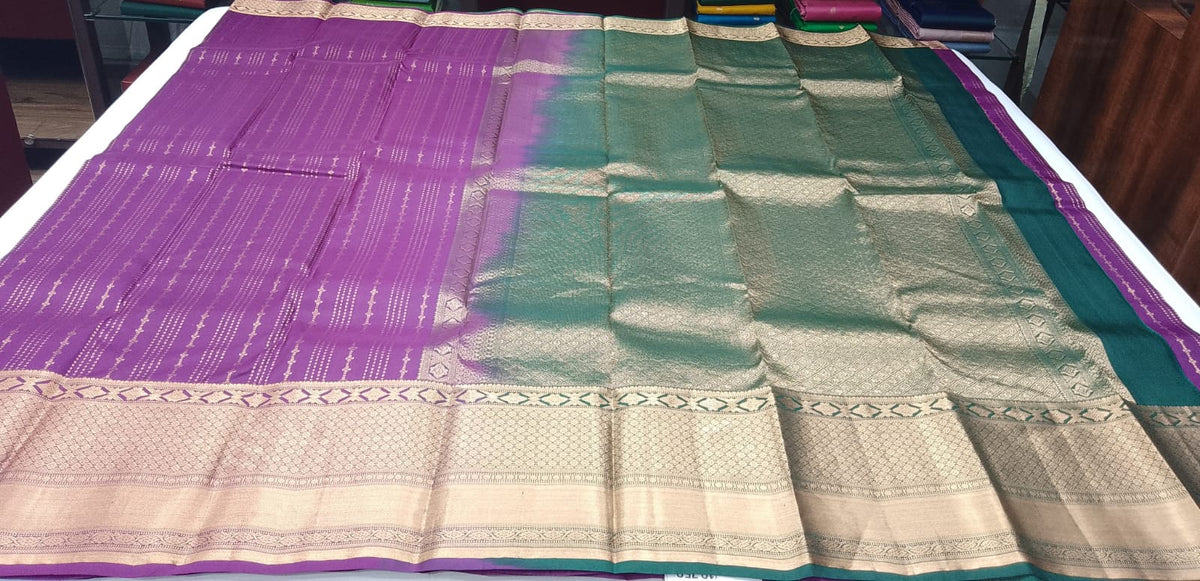 Pure Kanjivaram Handloom Purple & Bottle Green  Silk Saree