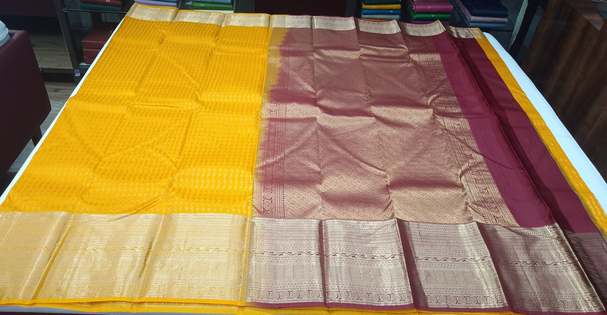 Mustard Yellow & Wine Maroon Dual Shade Pure Kanjivaram Silk Saree