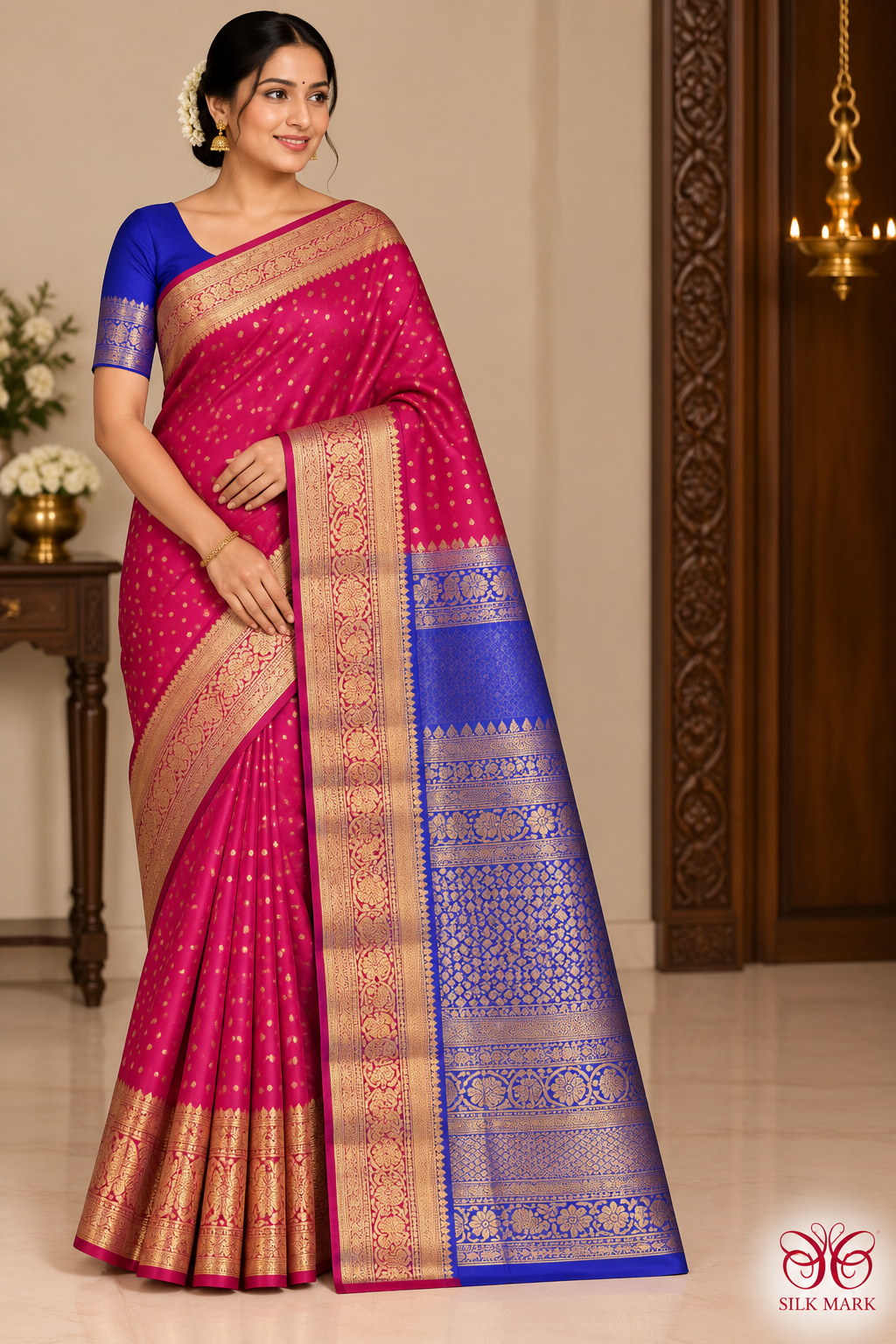 Pure Kanjivaram Silk Saree - Rani Pink with Royal Blue Pallu & Antique Gold Zari