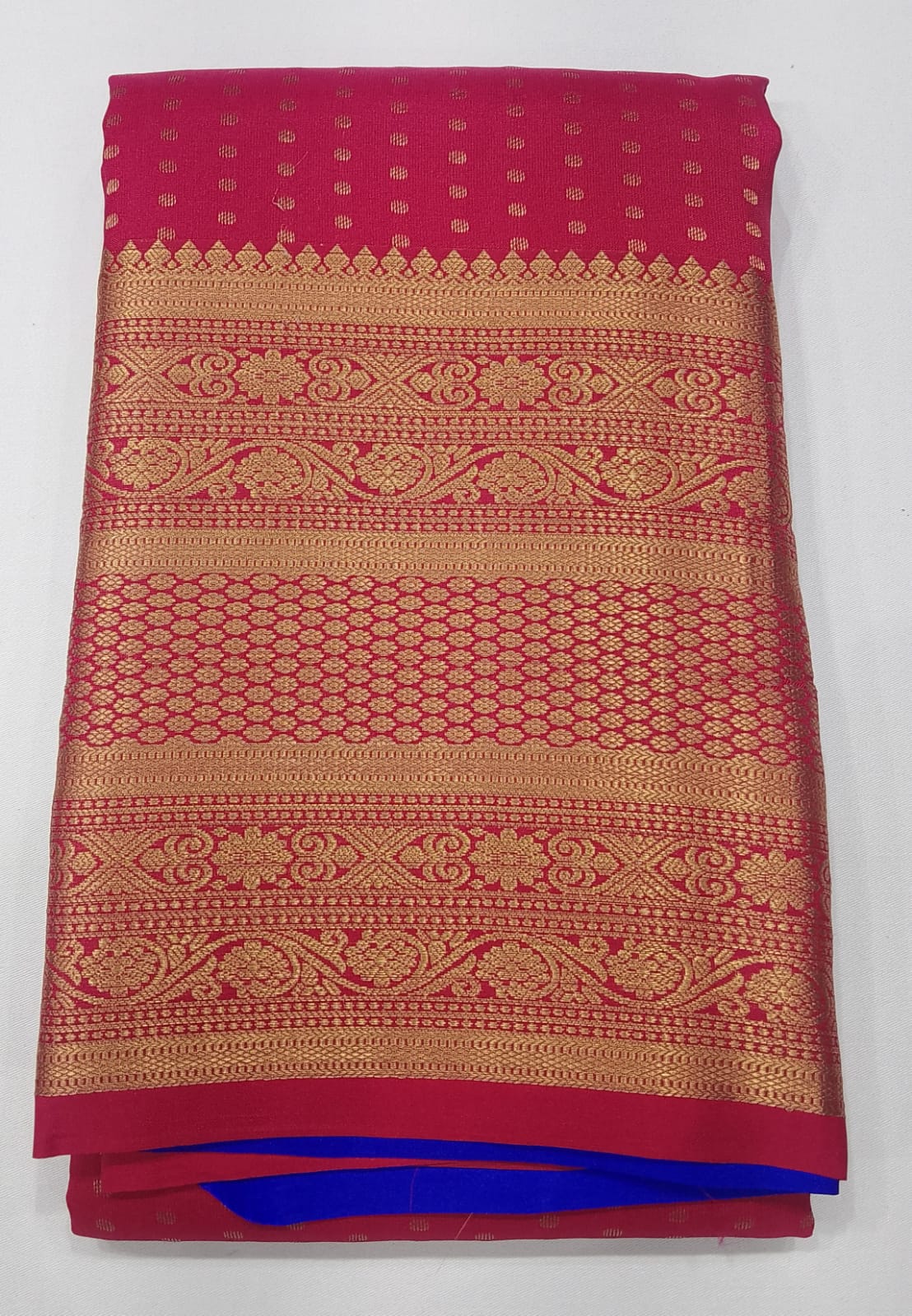 Pure Kanjivaram Silk Saree - Rani Pink with Royal Blue Pallu & Antique Gold Zari