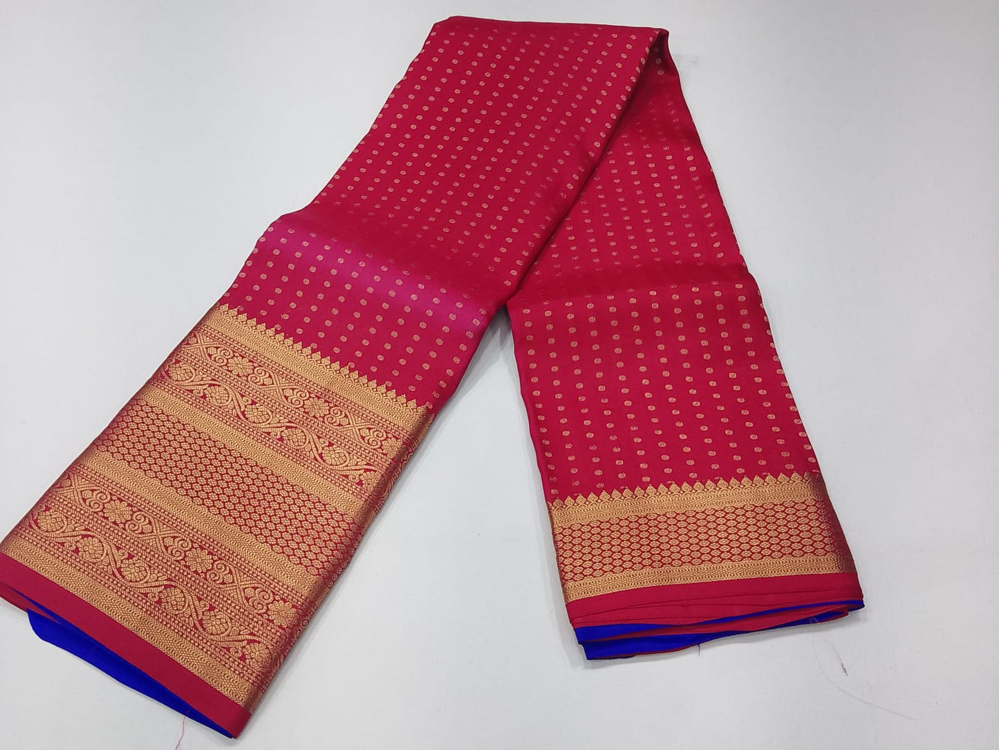 Pure Kanjivaram Silk Saree - Rani Pink with Royal Blue Pallu & Antique Gold Zari