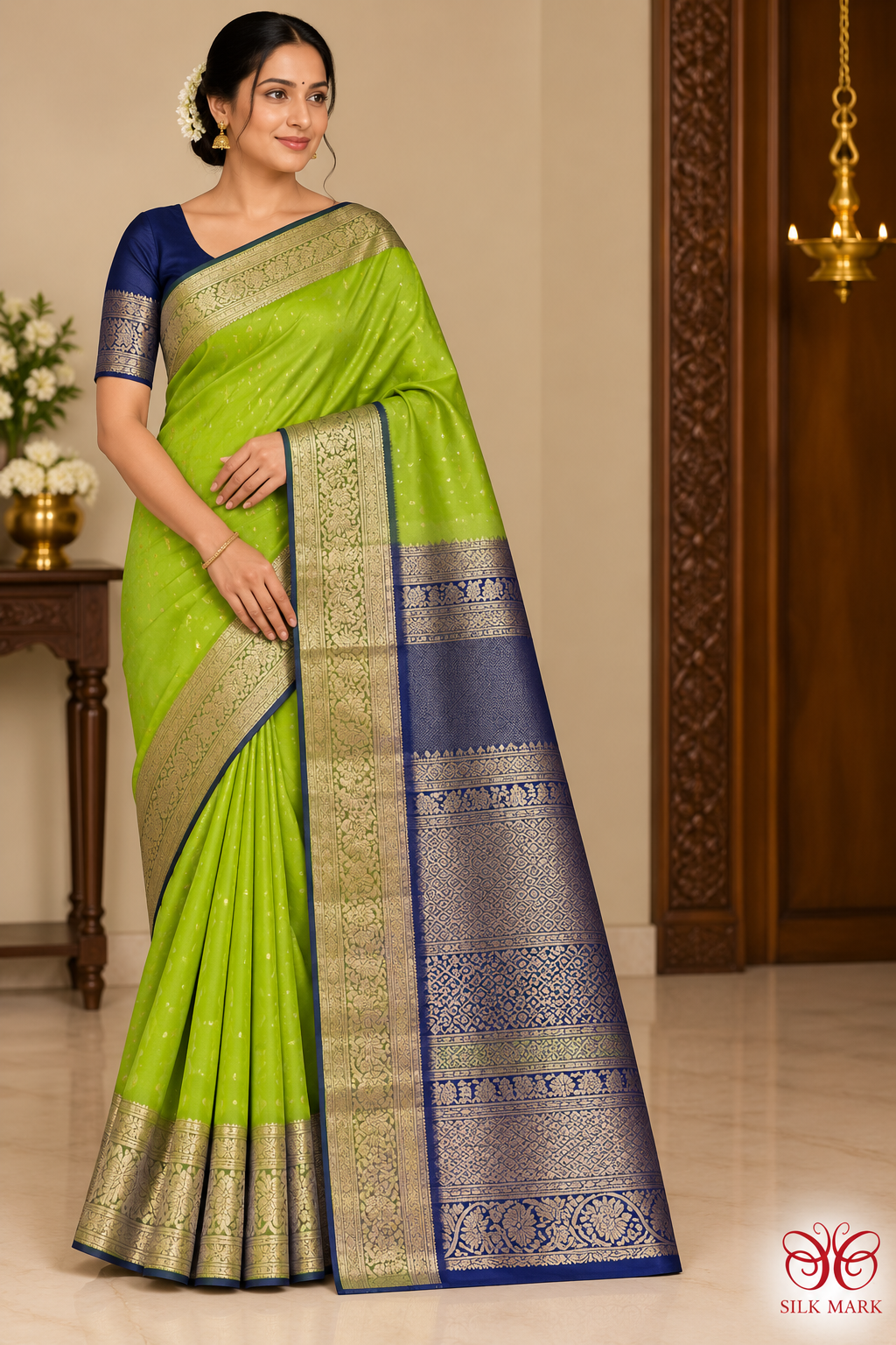 Pure Kanjivaram Handloom Parrot Green & Navy Blue Silk Saree