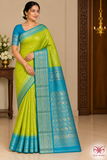 Lime Green & Turquoise Teal Pure Handloom Soft Silk Saree