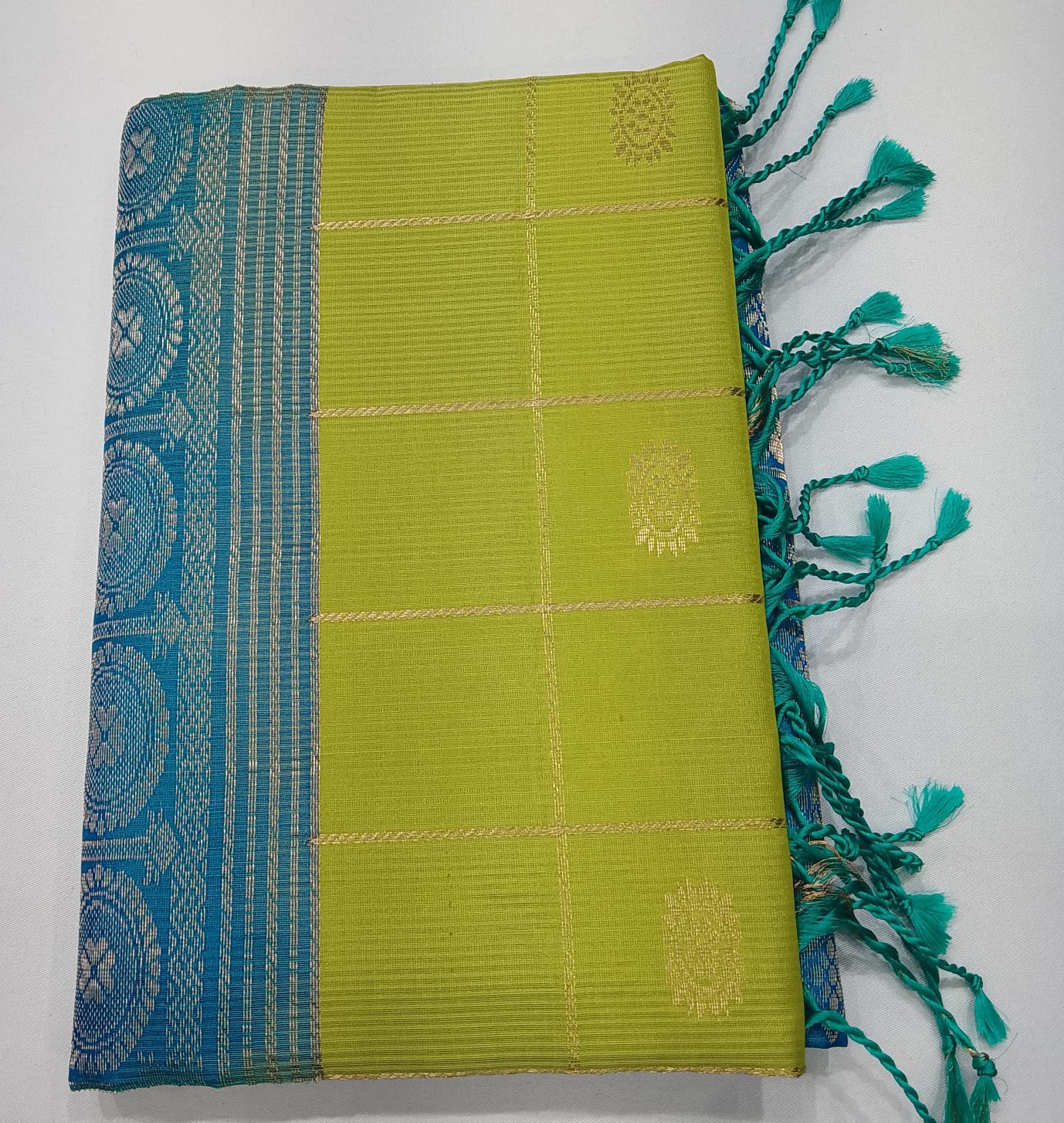 Lime Green & Turquoise Teal Pure Handloom Soft Silk Saree