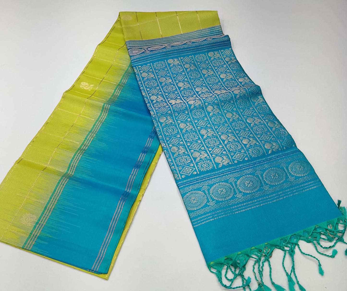 Lime Green & Turquoise Teal Pure Handloom Soft Silk Saree
