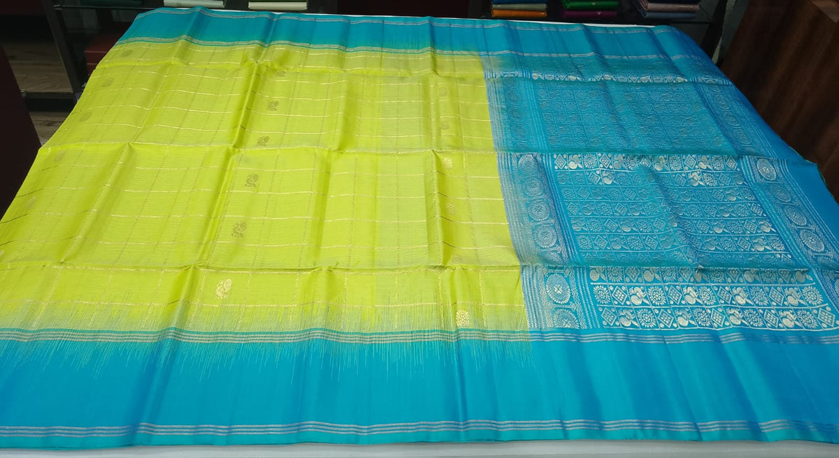 Lime Green & Turquoise Teal Pure Handloom Soft Silk Saree