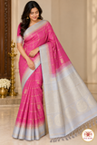 Pure Handloom Soft Silk Saree – Rani Pink & Ice Blue-Silver with Gold Zari Checks