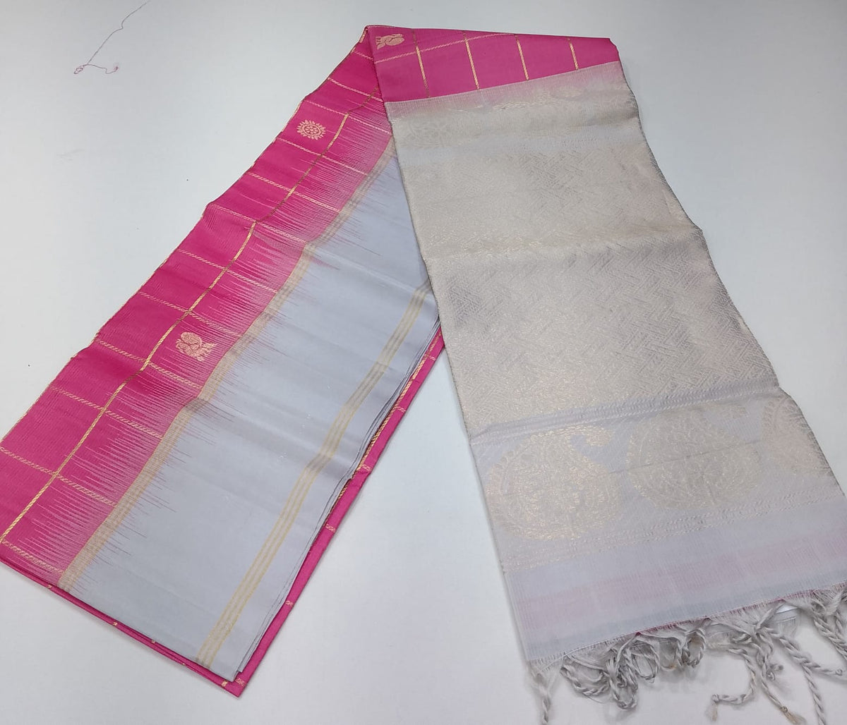 Pure Handloom Soft Silk Saree – Rani Pink & Ice Blue-Silver with Gold Zari Checks
