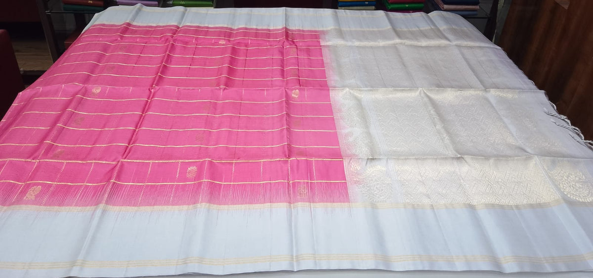Pure Handloom Soft Silk Saree – Rani Pink & Ice Blue-Silver with Gold Zari Checks