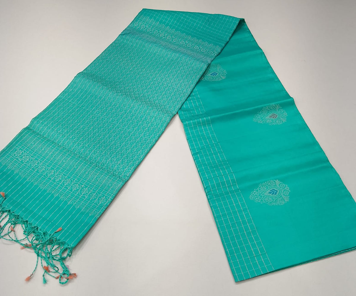Pure Handloom Soft Silk Saree in Vibrant Turquoise Teal with Silver Zari