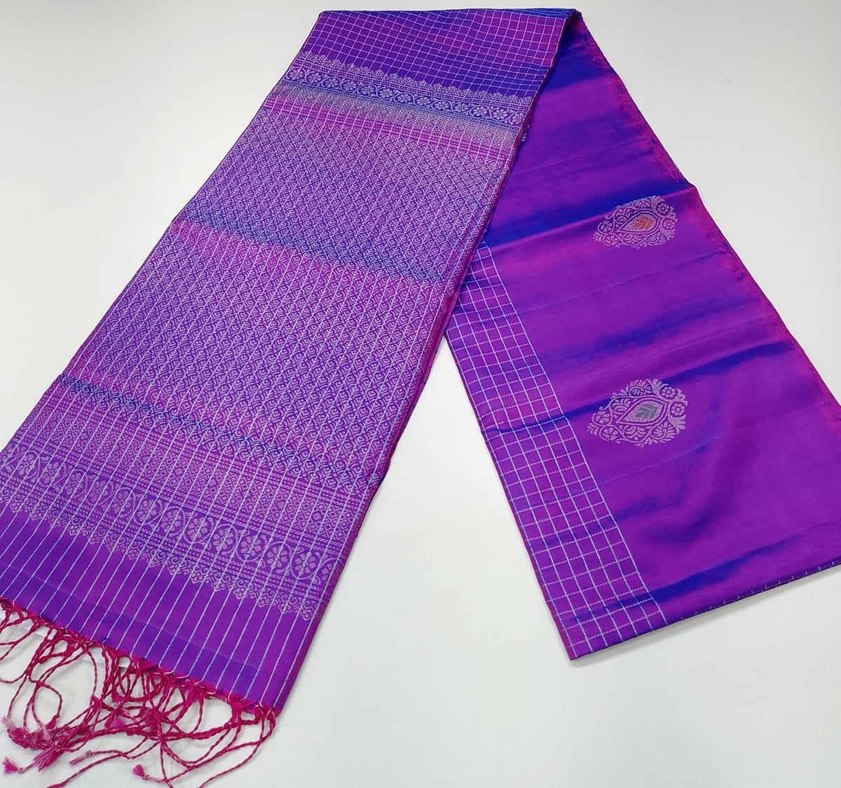 Pure Handloom Soft Silk Saree in Rich Purple & Magenta with Silver Zari