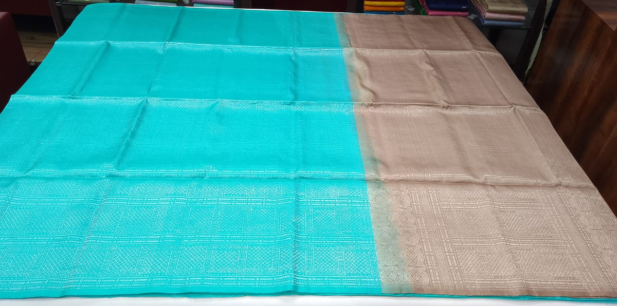 Pure Handloom Soft Silk Saree in Turquoise Blue with Taupe Beige Pallu