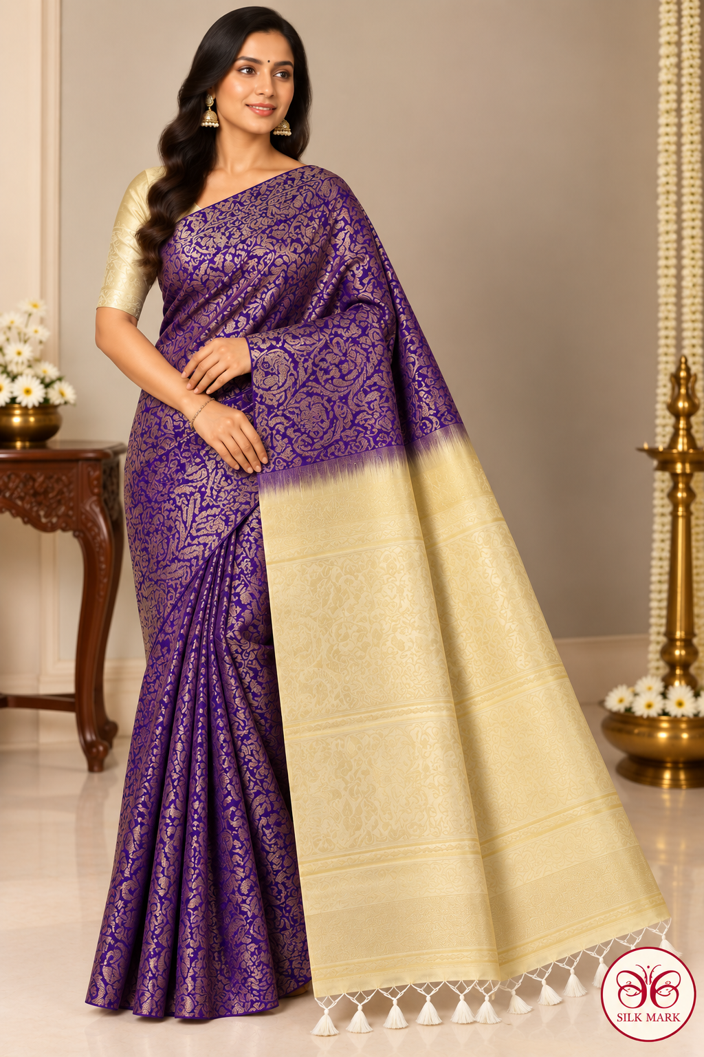 Pure Handloom Soft Silk Saree in Royal Purple with Soft Golden Pallu