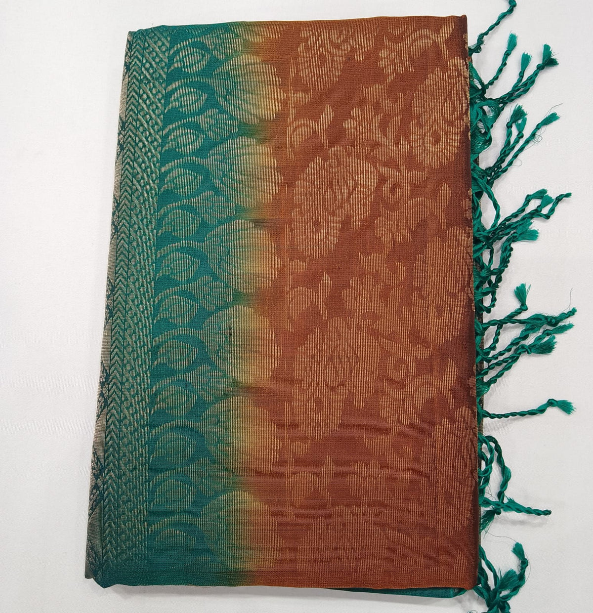 Pure Handloom Soft Silk Borderless Saree in Copper Brown & Turquoise Blue